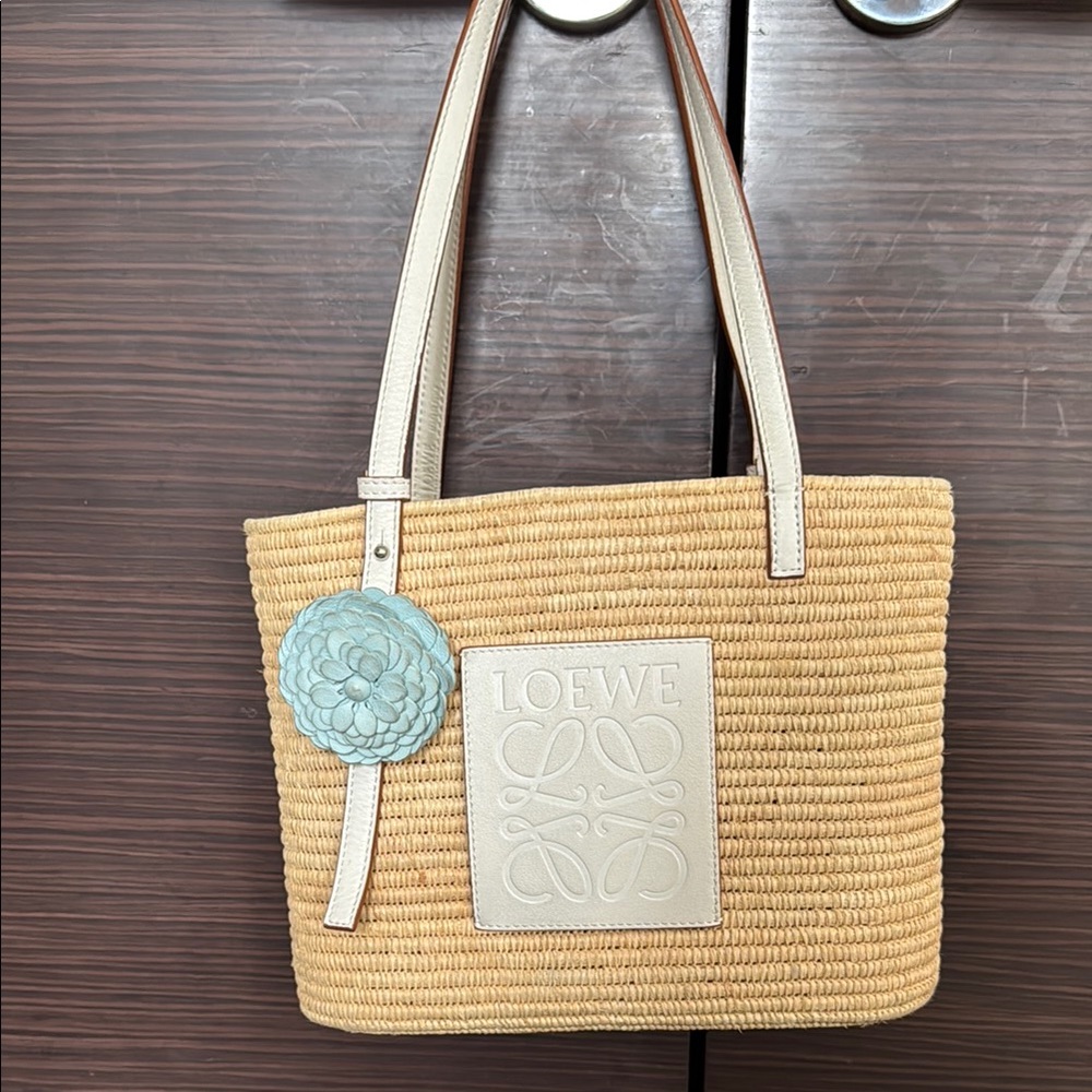 LOEWE Tan RAFFIA straw and Blue Summer Tote Bag